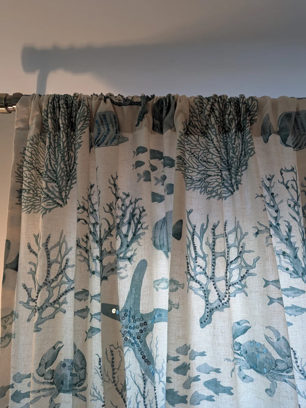 Pier 1 Coastal Beaded & Sequined Coral Curtain Panel Linen Blend Blue White